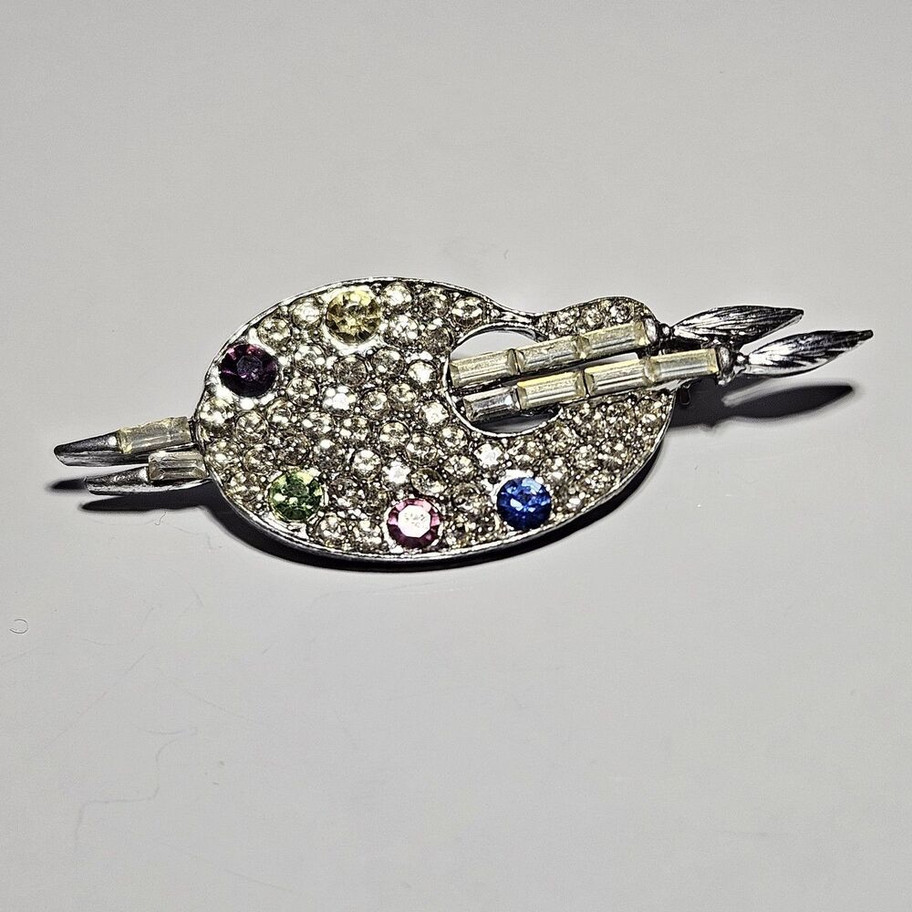 Vintage Pell Silver Tone Painter's Pallet Rhinestone Brooch